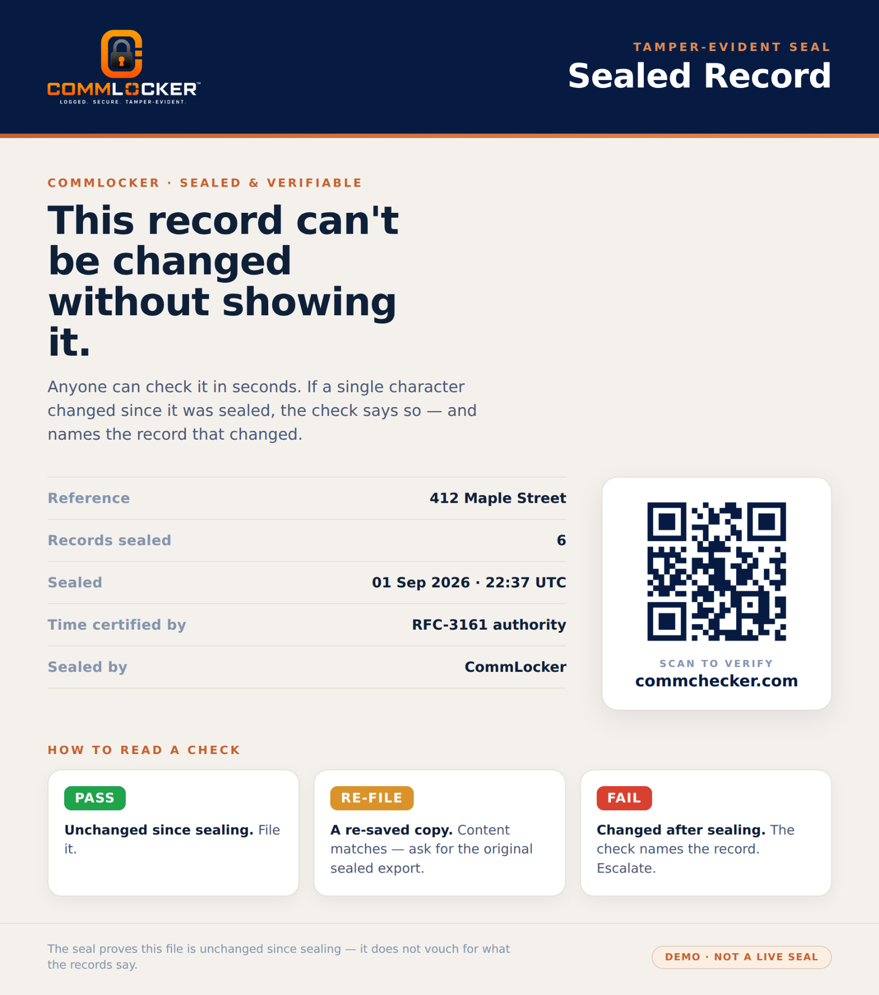 Example cover of a sealed CommLocker communication record ready to be checked with CommChecker