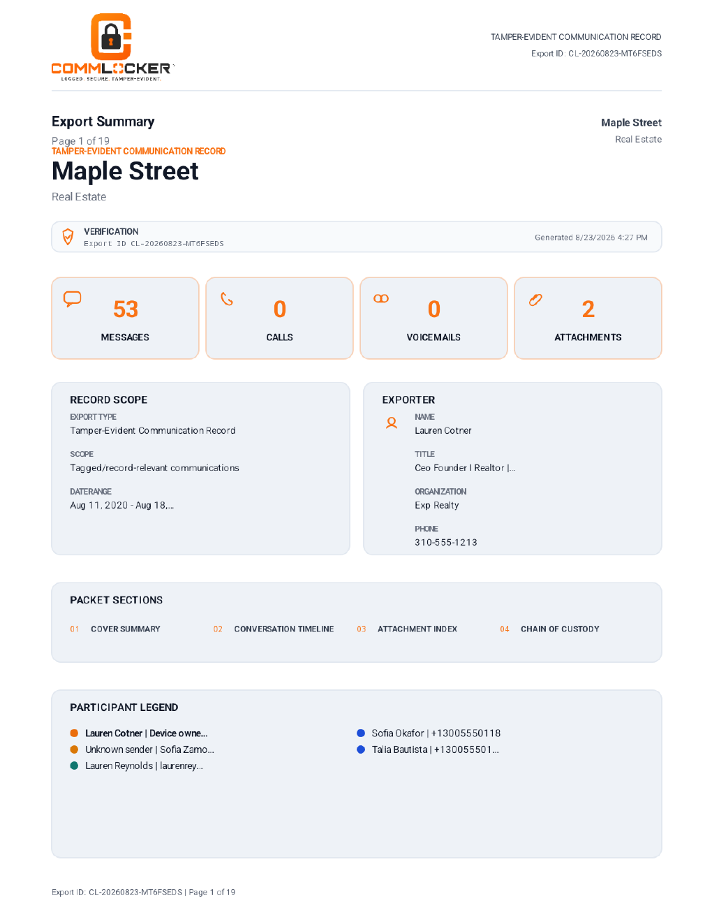 Cover and summary page from the Maple Street sample CommLocker communication record