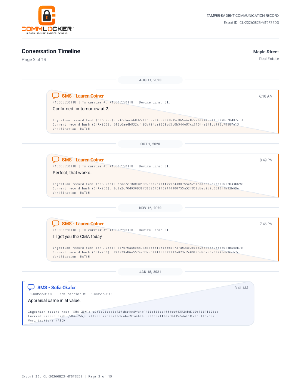 Communication timeline page from the Maple Street sample CommLocker record