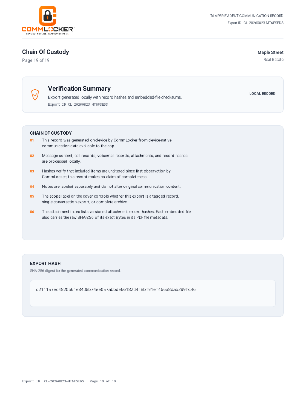 Verification summary and chain-of-custody page from the Maple Street sample CommLocker record