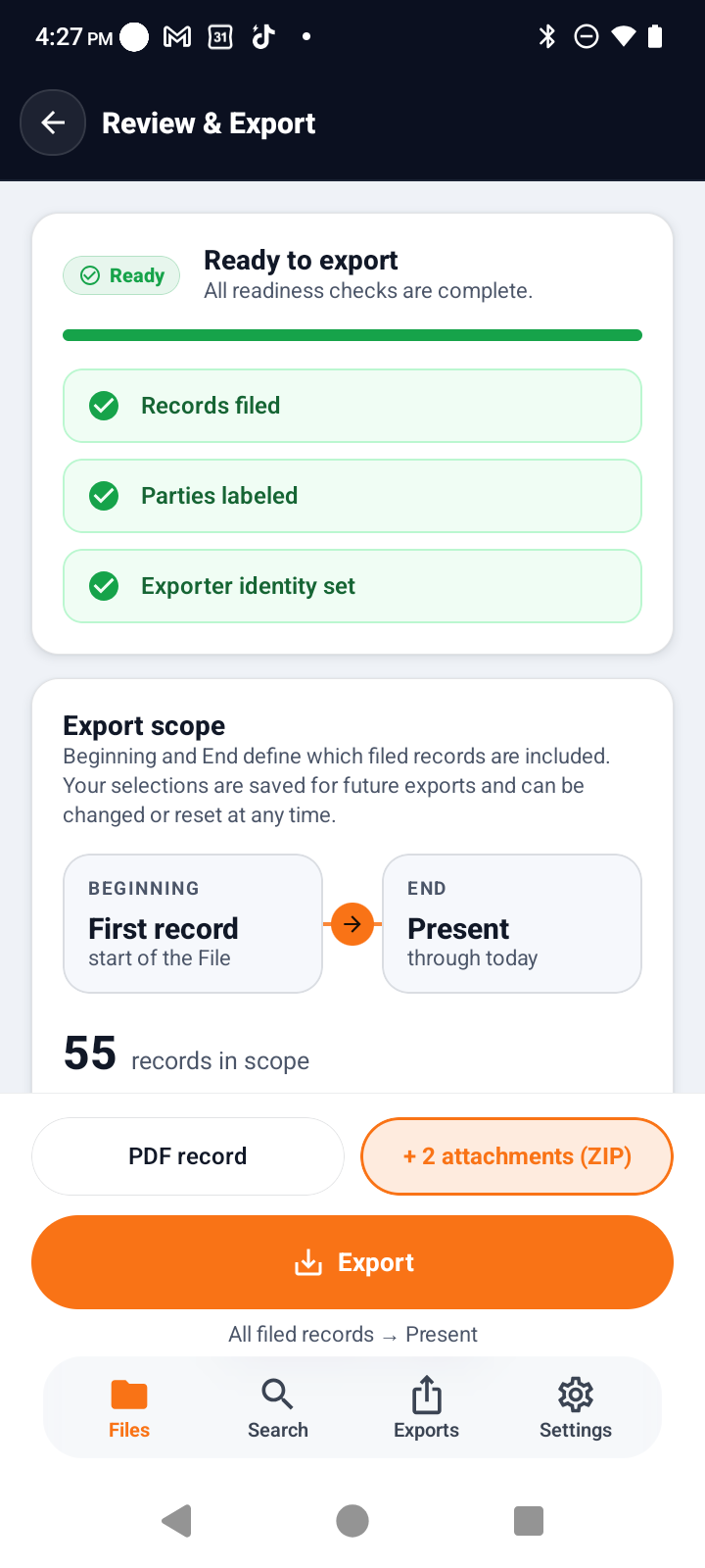 Illustrative export screen