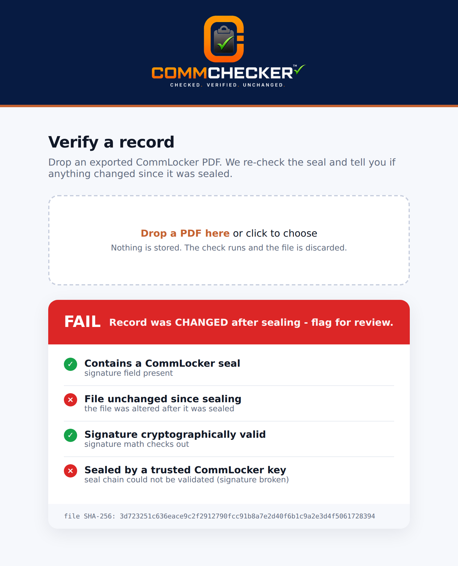CommChecker showing a FAIL result for a changed sealed record