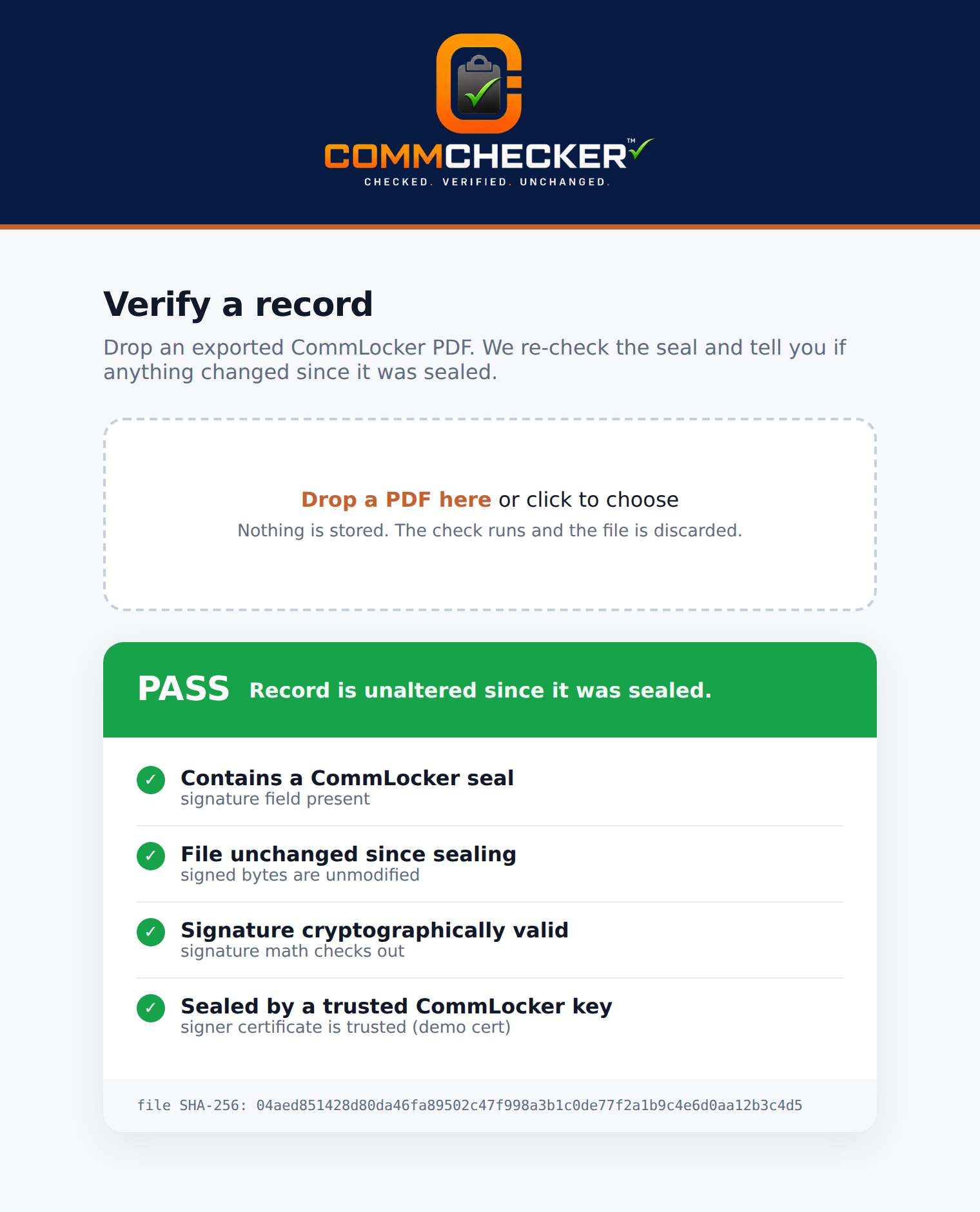 CommChecker showing a PASS result for an unchanged sealed record